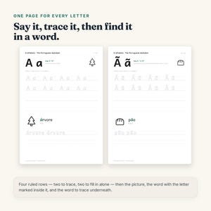 May include: Two educational worksheets for learning the Portuguese alphabet. Each page features a letter, tracing rows, a corresponding icon, and a word to trace. Text includes: ONE PAGE FOR EVERY LETTER, Say it, trace it, then find it in a word.