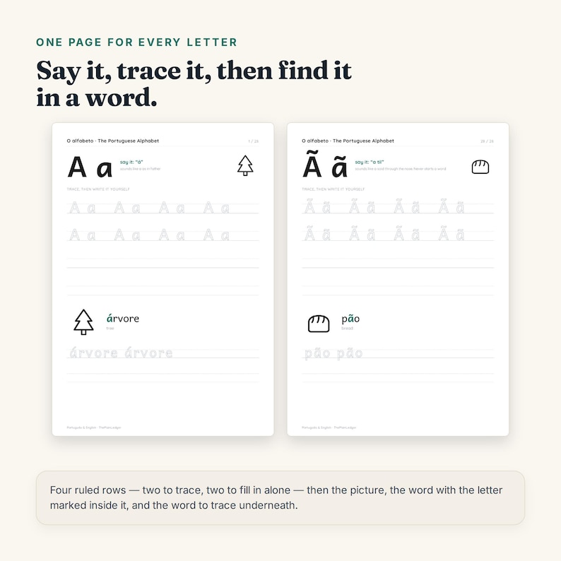 May include: Two educational worksheets for learning the Portuguese alphabet. Each page features a letter, tracing rows, a corresponding icon, and a word to trace. Text includes: ONE PAGE FOR EVERY LETTER, Say it, trace it, then find it in a word.