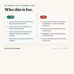 May include: A digital debt payoff planner for Excel and Google Sheets featuring a comparison chart titled Who this is for. The layout includes a green YES column for those with multiple debts and a red NO column for those in formal debt arrangements.