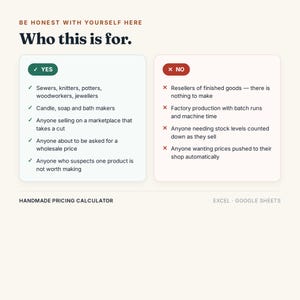 May include: A digital graphic titled BE HONEST WITH YOURSELF HERE Who this is for. It features two columns: a green YES box listing target users like sewers, knitters, and candle makers, and a red NO box listing resellers and factory production.