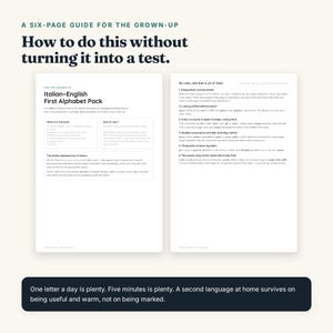 May include: A six-page educational guide titled How to do this without turning it into a test, featuring an Italian-English First Alphabet Pack. The document includes instructional text, six rules for pronunciation, and a summary of the Italian alphabet.