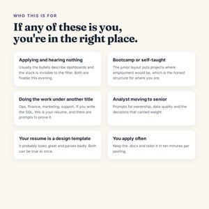 May include: A light-colored informational graphic with dark text titled Who This Is For and If any of these is you, you're in the right place. It features six white rectangular boxes containing text about career advice for job seekers.