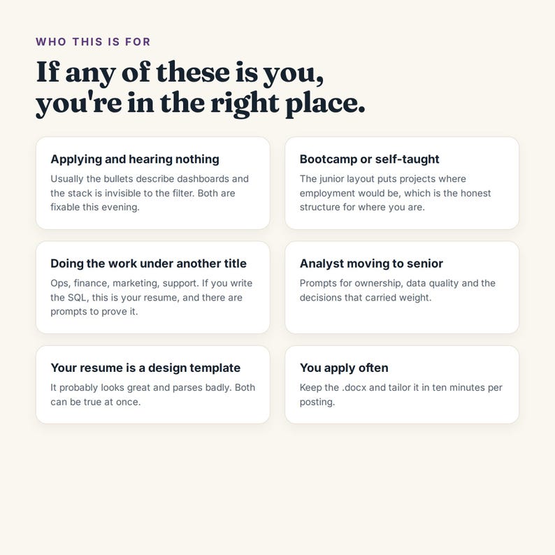 May include: A light-colored informational graphic with dark text titled Who This Is For and If any of these is you, you're in the right place. It features six white rectangular boxes containing text about career advice for job seekers.