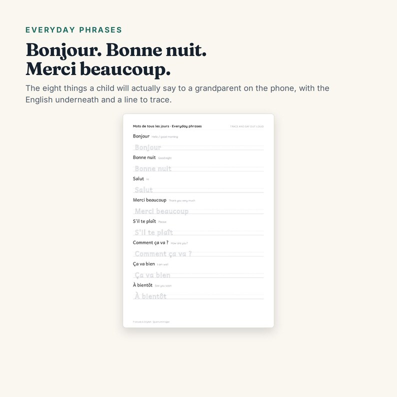 May include: A white educational worksheet titled Everyday Phrases featuring French vocabulary words like Bonjour, Bonne nuit, and Merci beaucoup. Each phrase is printed in black text with a light gray outline below for tracing, accompanied by English translations.