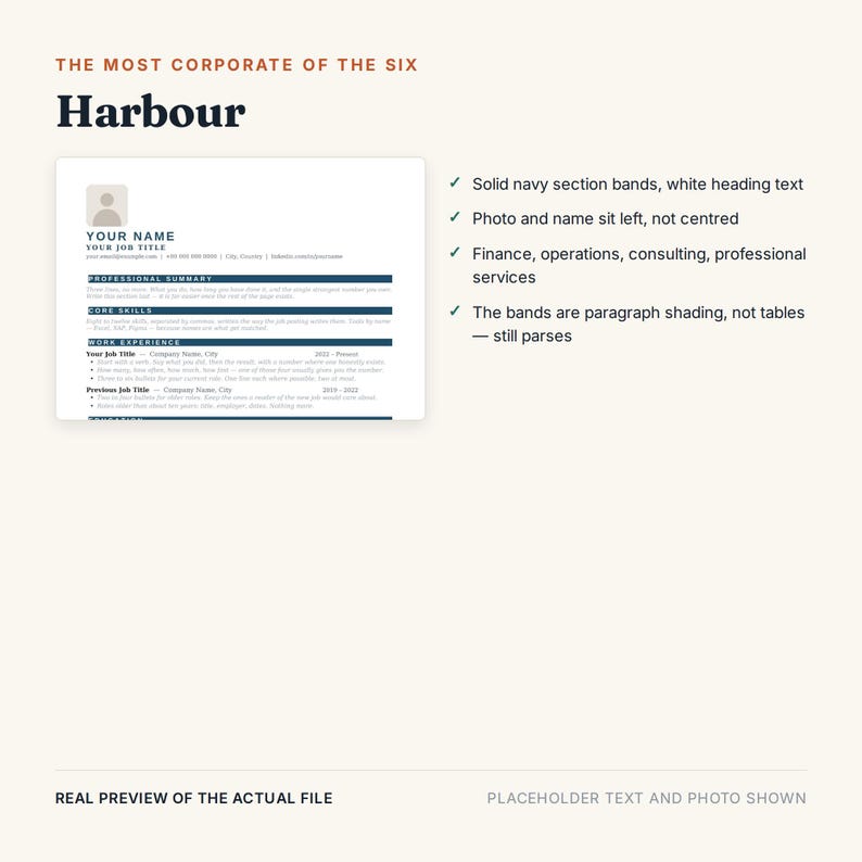 May include: A resume template titled Harbour, featuring a left-aligned profile photo placeholder, name, and job title. The layout includes navy blue section bands with white text, organized into professional summary, core skills, and work experience.
