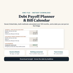 May include: A digital Debt Payoff Planner & Bill Calendar with seven linked tabs. The interface displays Snowball and Avalanche debt repayment methods, calculating months until clear, dates, and interest totals. Includes Excel or Sheets compatibility.