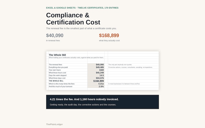 Compliance & Certification Cost Tracker Spreadsheet | True Cost of Accreditation Excel Google Sheets Template | Audit and Renewal Log bild 1
