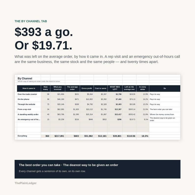 May include: A business data table titled By Channel showing order metrics including how orders came in, invoiced amounts, gross profit, cost to serve, and what was left. The text reads $393 a go. Or $19.71. and The best order you can take.