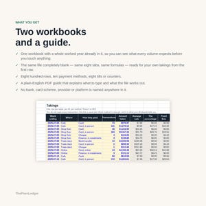 May include: A digital product set including two workbooks and a guide. The text reads: What you get, Two workbooks and a guide. One workbook with a whole worked year, one blank file, eight hundred rows, ten payment methods, eight tills, and a PDF guide.