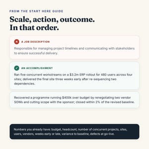 May include: An infographic titled From the Start Here Guide: Scale, action, outcome. In that order. It contrasts a job description with an accomplishment, detailing a $3.2m ERP rollout and a $400k budget recovery, followed by a list of metrics.