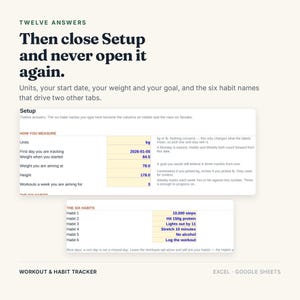 May include: A digital workout and habit tracker spreadsheet interface featuring a setup section with fields for units, start date, weight, height, and six habit entries. The layout includes text headers like Twelve Answers and The Six Habits.