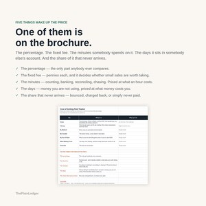 May include: A document titled Cost of Getting Paid Tracker with a table listing factors like setup, takings, and method. The text explains five things that make up the price, including percentage, fixed fee, minutes, days, and the share that never arrives.