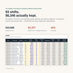 Pu&ograve; includere: Un'infografica intitolata THE NUMBER YOUR WEEKLY EARNINGS SUMMARY NEVER SHOWS, che mostra 93 turni e 6.346 $ conservati. Include entrate lorde totali di 15.908 $, commissioni di piattaforma e costi chilometrici di 7.377 $ e un margine netto del 40%.