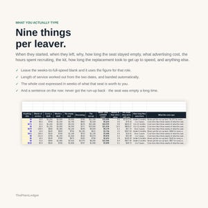 Op de afbeelding: Een informatieve afbeelding getiteld Nine things per leaver met een gegevenstabel met kolommen voor kosten, dienstverband en wervingsstatistieken. De tekst legt uit hoe de kosten van personeelsverloop kunnen worden berekend.