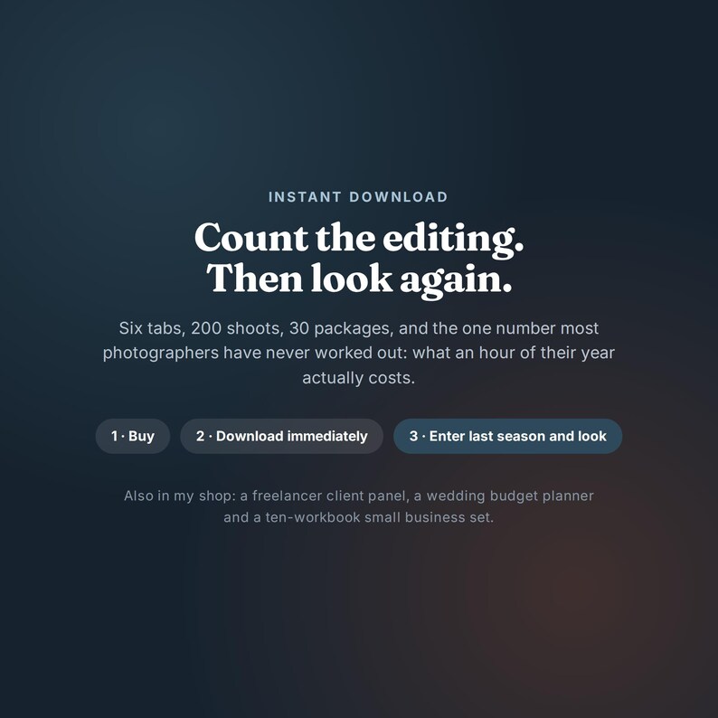 May include: A dark blue digital graphic with white text reading: INSTANT DOWNLOAD. Count the editing. Then look again. Six tabs, 200 shoots, 30 packages, and the one number most photographers have never worked out: what an hour of their year actually costs. 1. Buy 2. Download immediately 3. Enter last season and look. Also in my shop: a freelancer client panel, a wedding budget planner and a ten-workbook small business set.