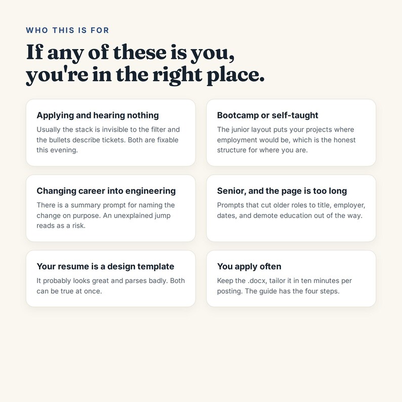 May include: A white informational graphic with dark blue text titled Who this is for. It lists six categories for job seekers: Applying and hearing nothing, Bootcamp or self-taught, Changing career into engineering, Senior, and the page is too long, Your resume is a design template, and You apply often, each with a brief explanation.