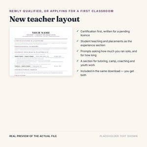 May include: A digital resume template for new teachers featuring sections for certifications, student teaching, and instructional skills. The document includes placeholders for contact information, professional summaries, and experience details.