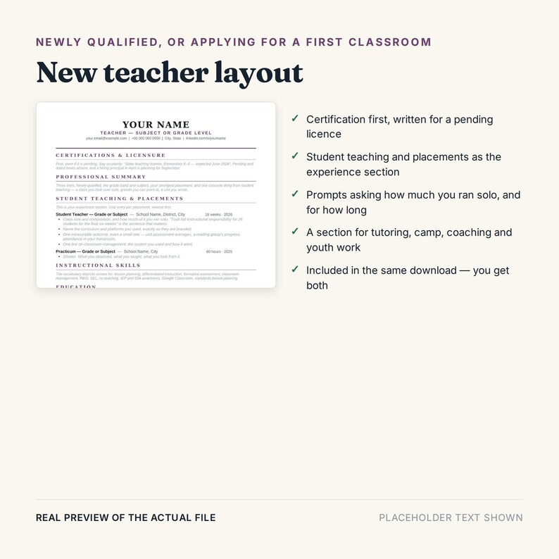 May include: A digital resume template for new teachers featuring sections for certifications, student teaching, and instructional skills. The document includes placeholders for contact information, professional summaries, and experience details.