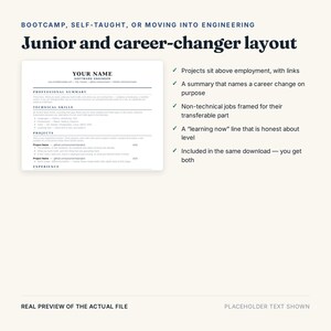 May include: A resume template for junior software engineers and career changers featuring sections for professional summary, technical skills, projects, and experience. The layout includes a placeholder name, contact info, and bulleted lists.