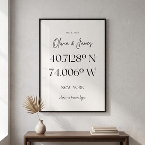 May include: A framed vertical wall art print featuring black text on a white background. The text reads MR & MRS, Olivia & James, 40.7128&deg; N, 74.006&deg; W, NEW YORK, and where our forever began. The print is displayed in a thin black frame.