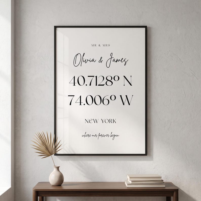 May include: A framed vertical wall art print featuring black text on a white background. The text reads MR & MRS, Olivia & James, 40.7128&deg; N, 74.006&deg; W, NEW YORK, and where our forever began. The print is displayed in a thin black frame.