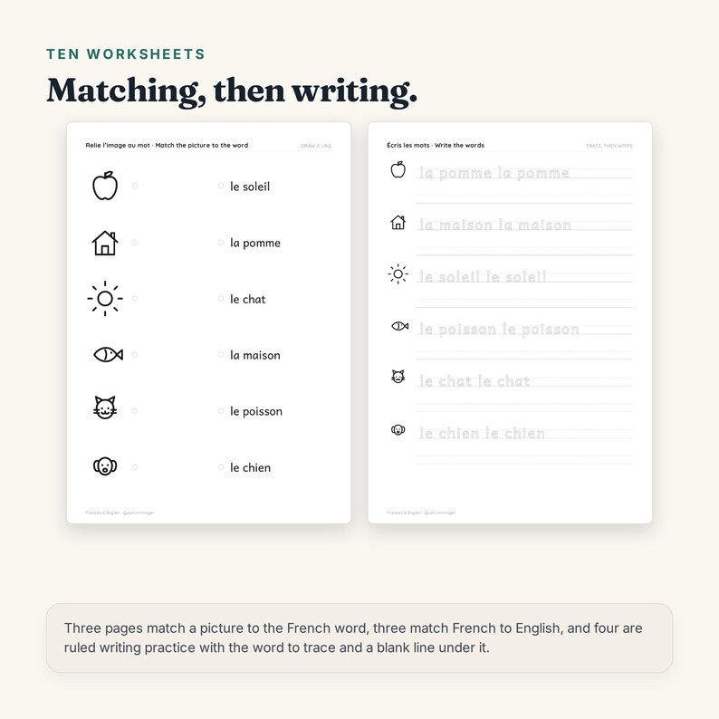 May include: Ten educational worksheets titled Matching, then writing. The left page features a matching exercise with icons of an apple, house, sun, fish, cat, and dog paired with French words. The right page shows tracing practice for these words.