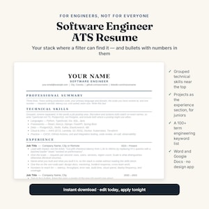 Op de afbeelding: Een digitaal cv-sjabloon voor software-engineers met secties voor professionele samenvatting, technische vaardigheden en ervaring. Het document bevat tijdelijke tekst, opsommingstekens en een lijst met functies zoals gegroepeerde technische vaardigheden.