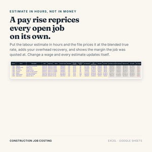 May include: A digital spreadsheet for construction job costing with the text: ESTIMATE IN HOURS, NOT IN MONEY. A pay rise reprices every open job on its own. Put the labour estimate in hours and the file prices it at the blended true rate. CONSTRUCTION JOB COSTING EXCEL GOOGLE SHEETS.