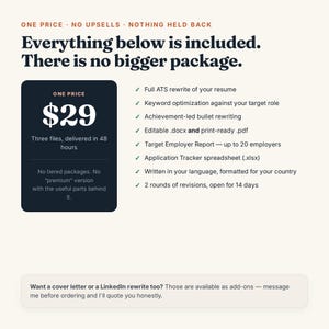 May include: A digital service advertisement featuring the text Everything below is included. There is no bigger package. It lists features like ATS resume rewrite, keyword optimization, achievement-led bullet points, and an application tracker spreadsheet.