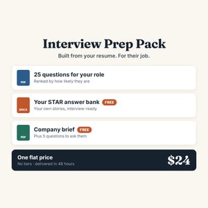 Puede incluir: Un conjunto de documentos digitales Interview Prep Pack con el texto Built from your resume. For their job. Incluye un PDF azul con 25 preguntas, un DOCX naranja para un banco de respuestas STAR, un resumen de empresa en PDF verde y una banda negra.