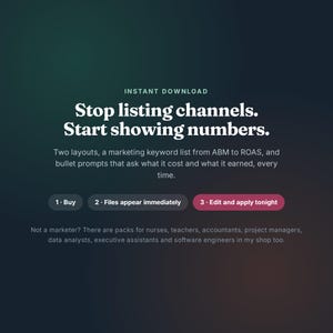 May include: A digital graphic with a dark green gradient background featuring the text: Instant Download. Stop listing channels. Start showing numbers. Two layouts, a marketing keyword list from ABM to ROAS, and bullet prompts. Buttons: 1. Buy, 2. Files appear immediately, 3. Edit and apply tonight.
