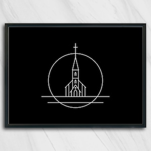 K&ouml;nnte beinhalten: Ein Schwarzwei&szlig;-Linienkunst-Druck einer Kirche mit einem Kreuz oben, in einem Kreis, mit einer Linie darunter. Der Druck ist in einem schwarzen Rahmen gerahmt.