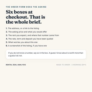 Peut inclure: Un graphique num&eacute;rique intitul&eacute; The Order Form Does The Asking, &eacute;num&eacute;rant six exigences num&eacute;rot&eacute;es pour une analyse de contrat de location. Il comprend du texte sur les cases de paiement, des donn&eacute;es locatives et une note sur les estimations.