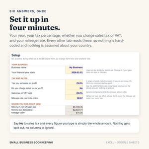 May include: A digital spreadsheet interface for small business bookkeeping titled Set it up in four minutes. The form includes fields for business name, financial year start date, tax percentages, sales tax or VAT status, and mileage rates.