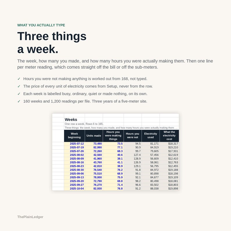 K&ouml;nnte beinhalten: Eine digitale Tabelle mit dem Titel Three things a week, die Spalten f&uuml;r Wochenbeginn, produzierte Einheiten, Arbeitsstunden, inaktive Stunden, Stromverbrauch und Kosten anzeigt. Der Text erl&auml;utert die Dateneingabe f&uuml;r ein dreij&auml;hriges Projekt.