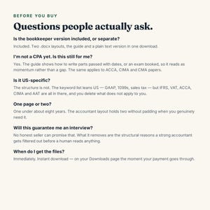 May include: A digital document titled Before You Buy Questions people actually ask. It provides information regarding a bookkeeper version, CPA status, US-specific content, page length, interview guarantees, and the instant download process for files.