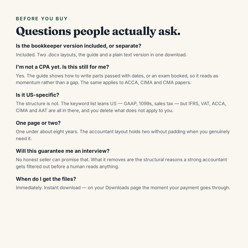 May include: A digital document titled Before You Buy Questions people actually ask. It provides information regarding a bookkeeper version, CPA status, US-specific content, page length, interview guarantees, and the instant download process for files.
