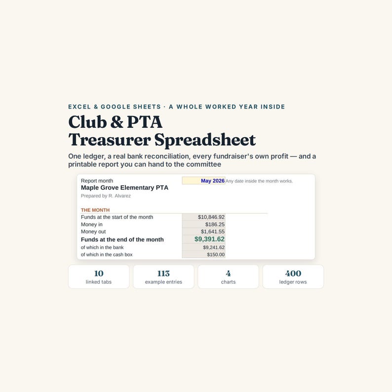 K&ouml;nnte beinhalten: Eine digitale Club & PTA Schatzmeister-Tabellenkalkulation f&uuml;r Excel und Google Sheets. Enth&auml;lt ein Hauptbuch, Bankabstimmung, Gewinnverfolgung f&uuml;r Spendenaktionen und druckbare Berichte. Mit 10 verkn&uuml;pften Tabs, 113 Eintr&auml;gen und 400 Zeilen.