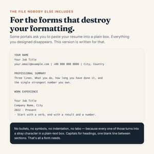 May include: A digital document template featuring the text THE FILE NOBODY ELSE INCLUDES, For the forms that destroy your formatting, and a resume layout with sections for name, job title, contact info, professional summary, and work experience.