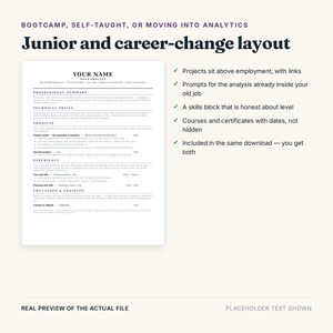 May include: A digital resume template for data analysts featuring sections for professional summary, technical skills, projects, experience, and education. The layout includes text headers, bullet points, and placeholders for contact information and job history details.