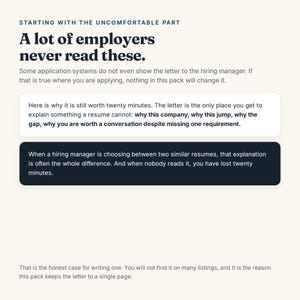 K&ouml;nnte beinhalten: Ein digitales Dokument mit cremefarbenem Hintergrund und dunkelblauem Text. Die &Uuml;berschrift lautet Starting with the uncomfortable part, gefolgt von A lot of employers never read these. Es enth&auml;lt zwei Textfelder mit Ratschl&auml;gen zu Anschreiben.