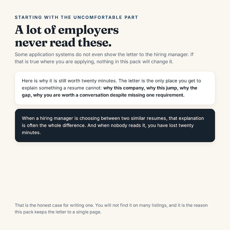 K&ouml;nnte beinhalten: Ein digitales Dokument mit cremefarbenem Hintergrund und dunkelblauem Text. Die &Uuml;berschrift lautet Starting with the uncomfortable part, gefolgt von A lot of employers never read these. Es enth&auml;lt zwei Textfelder mit Ratschl&auml;gen zu Anschreiben.