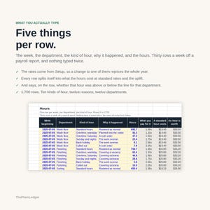 May include: A document titled WHAT YOU ACTUALLY TYPE Five things per row, featuring text explaining payroll data entry and a spreadsheet table with columns for week, department, kind of hour, reason, hours, pay rate, standard cost, and total worth.