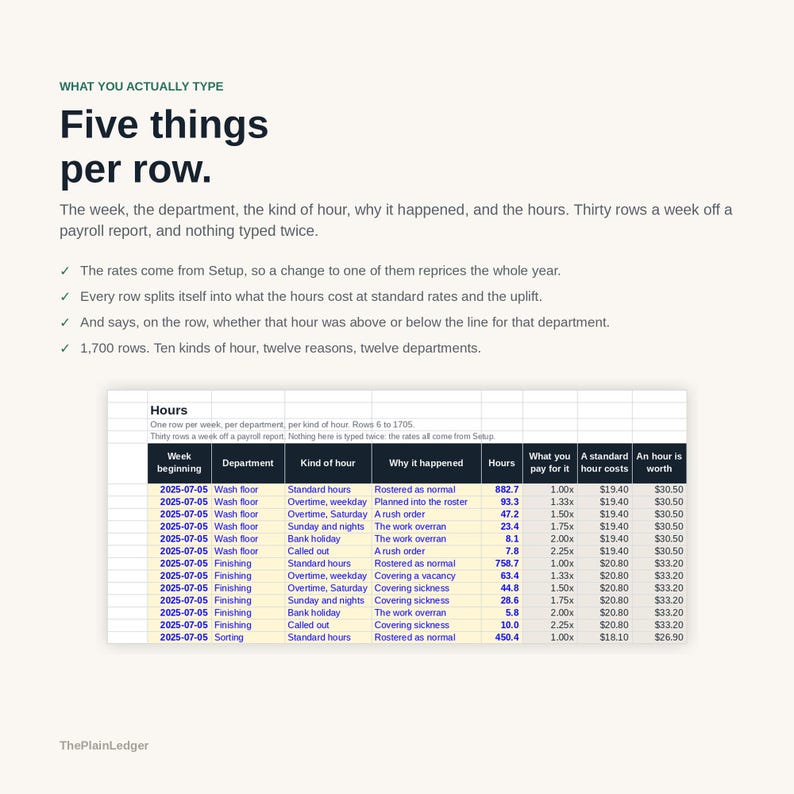 May include: A document titled WHAT YOU ACTUALLY TYPE Five things per row, featuring text explaining payroll data entry and a spreadsheet table with columns for week, department, kind of hour, reason, hours, pay rate, standard cost, and total worth.