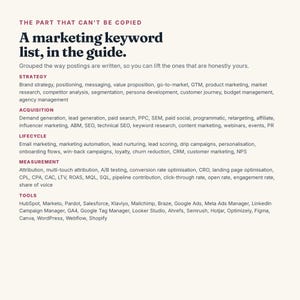 May include: A printed guide titled The Part That Can't Be Copied, featuring a marketing keyword list organized into categories including Strategy, Acquisition, Lifecycle, Measurement, and Tools, with specific terms like brand strategy, PPC, and HubSpot.