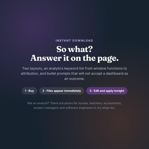 May include: A digital graphic with a dark purple gradient background featuring the text: Instant Download, So what? Answer it on the page. Two layouts, an analytics keyword list, and bullet prompts. Buttons labeled 1. Buy, 2. Files appear immediately, 3. Edit and apply tonight.