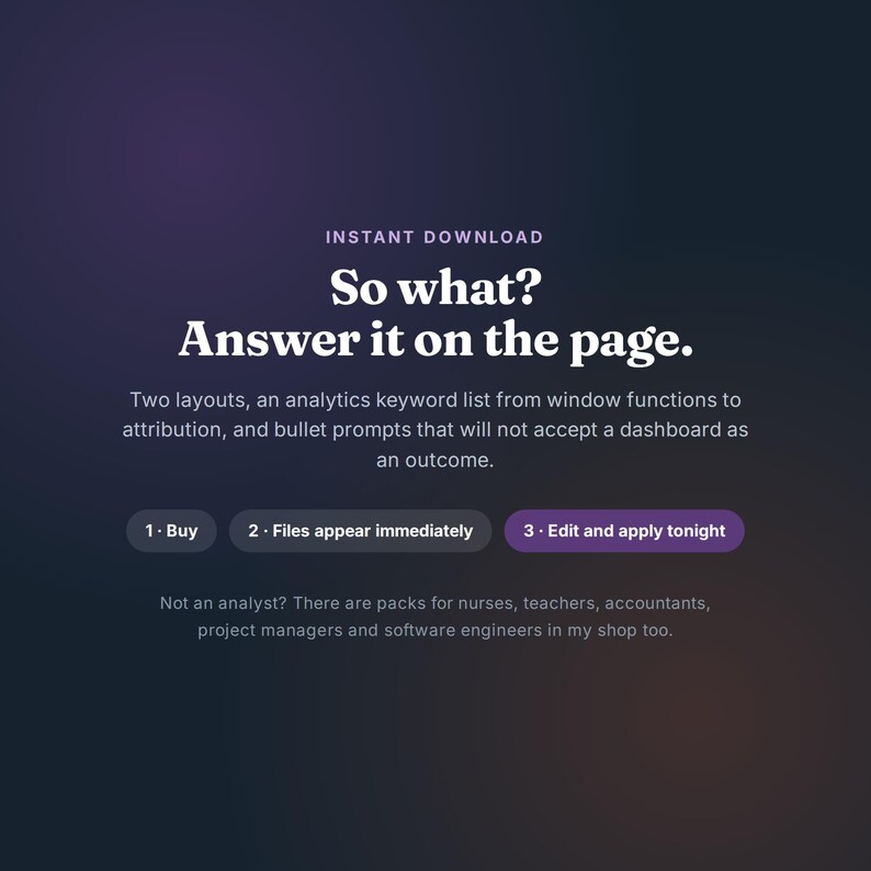 May include: A digital graphic with a dark purple gradient background featuring the text: Instant Download, So what? Answer it on the page. Two layouts, an analytics keyword list, and bullet prompts. Buttons labeled 1. Buy, 2. Files appear immediately, 3. Edit and apply tonight.