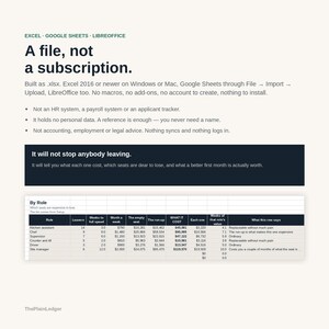 Op de afbeelding: Een digitaal spreadsheet-sjabloon voor Excel, Google Sheets en LibreOffice met de titel A file, not a subscription. Het bevat tekst die de functie als niet-abonnementshulpmiddel uitlegt, gevolgd door een datatabel gecategoriseerd op rol met kolommen voor vertrekkers, kosten en waarden.