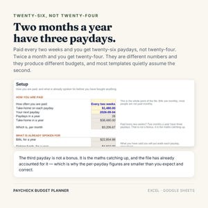 Pu&ograve; includere: Un modello digitale di pianificatore di budget per lo stipendio per Excel e Google Sheets. Il grafico mostra un testo che spiega che due mesi all'anno hanno tre giorni di paga, insieme a una tabella con dati finanziari come la frequenza di pagamento.