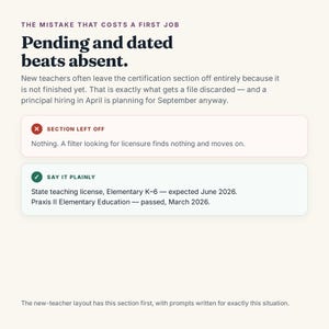 May include: An educational infographic titled The Mistake That Costs A First Job. It explains that pending and dated certification beats absent. It shows a red box labeled Section Left Off and a green box labeled Say It Plainly with examples.